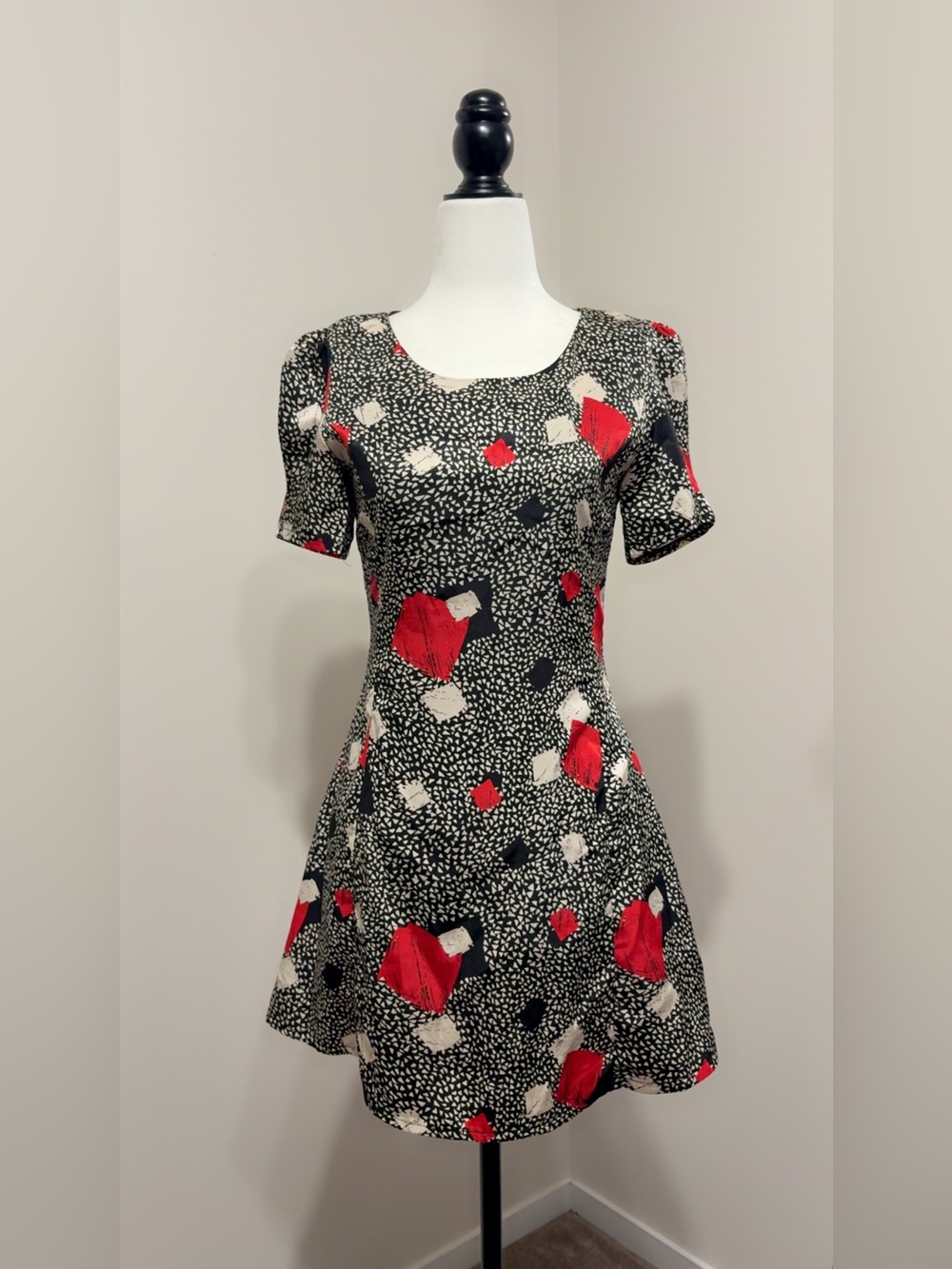 Black Abstract Floral Fit-and-Flare Dress with Red Accents